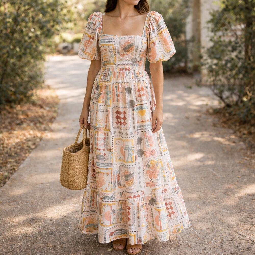 Lea Maxi Dress Puff Sleeve Smocked Tiered Square Neck Resort Boho Festive Summer